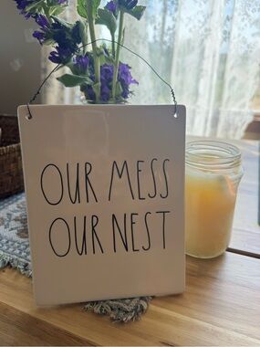 Rae Dunn White Wall Plaque "Our Mess Our Nest" with Black Lettering